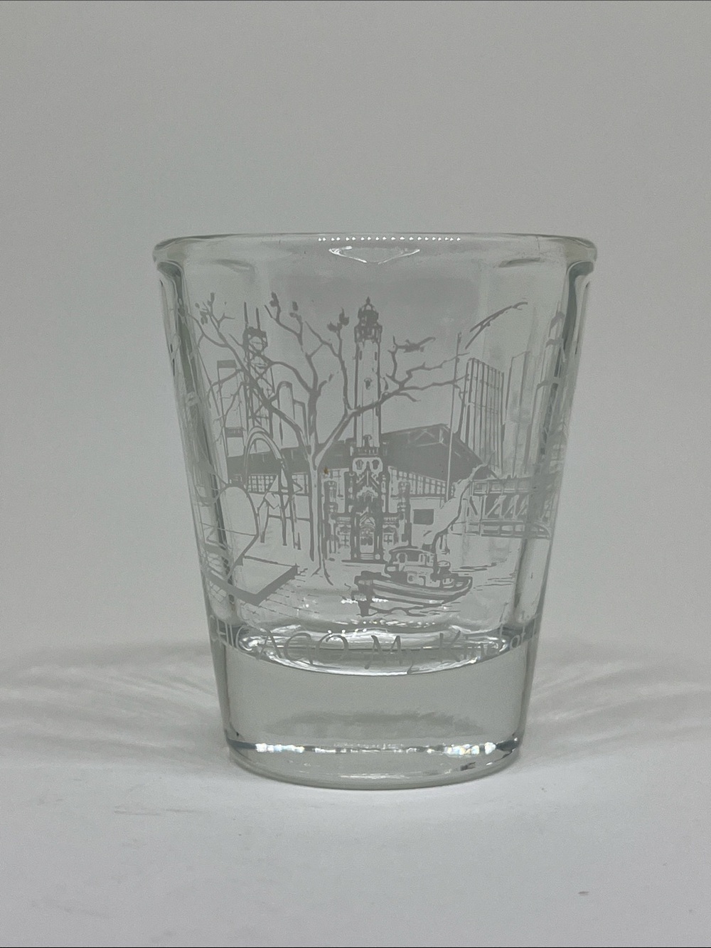 Clear “Chicago - My Kind of Town” Shot Glass with White Etched Cityscape